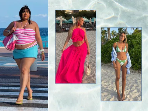 Three individuals modeling beach outfits each showcasing a unique summer look