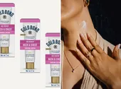 Gold Bond Age Renew Neck and Chest Firming Cream displayed alongside a person applying cream to their neck
