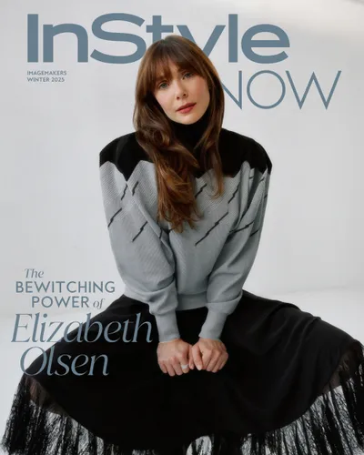 Elizabeth Olsen featured on the cover of Instyle NOW sitting and wearing a casual outfit