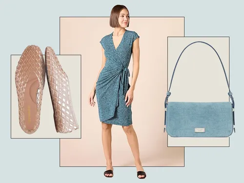 A model wearing a wrap dress paired with images of shoes and a handbag