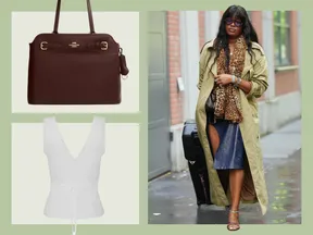 A collage featuring a handbag a blouse and a person walking outdoors wearing layered clothing and carrying a suitcase