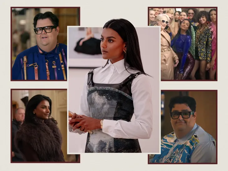 Collage of fashionably dressed individuals highlighting a central figure in a denim outfit over a white shirt