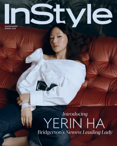 A woman sits on a tufted sofa on the cover of Instyle magazine text indicates the feature on Yerin Ha