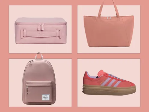 Four travel accessories including a toiletry bag tote backpack and sneakers