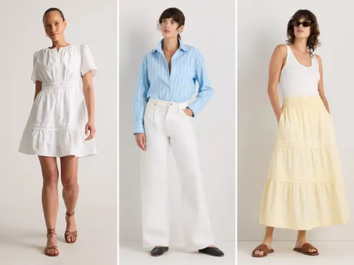 Three models showcasing different outfits including a dress blouse with pants and tank top with a skirt