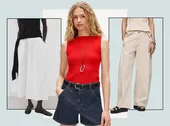 A collage of three outfits featuring a red sleeveless top with denim shorts a white skirt with a black top and beige trousers with a sleeveless top