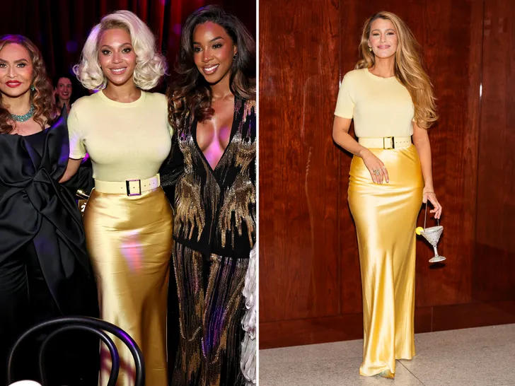 Kelly Rowland Beyonc Tina Knowles and Blake Lively wearing similar styled outfits at separate events
