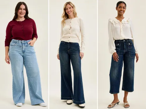 Three women modeling different styles of jeans and casual tops standing in a neutral background