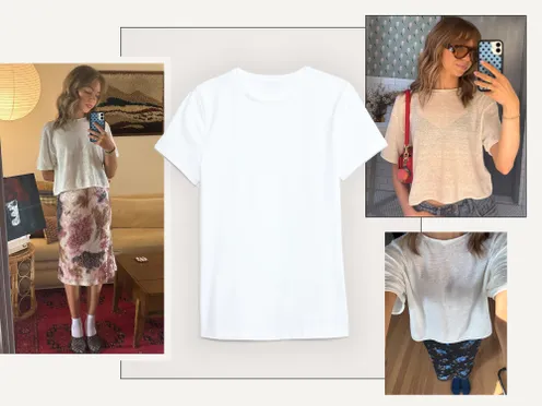 Collage showing a white Tshirt displayed alongside images of it being worn in different outfits by individuals