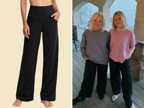 Two images displaying wideleg pants on a model and worn by two individuals standing on a porch