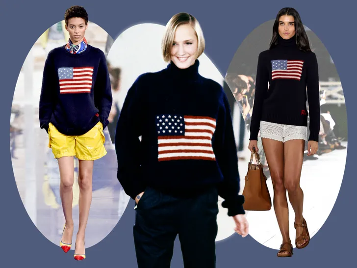 Three models wearing sweaters featuring the US flag design in different styles